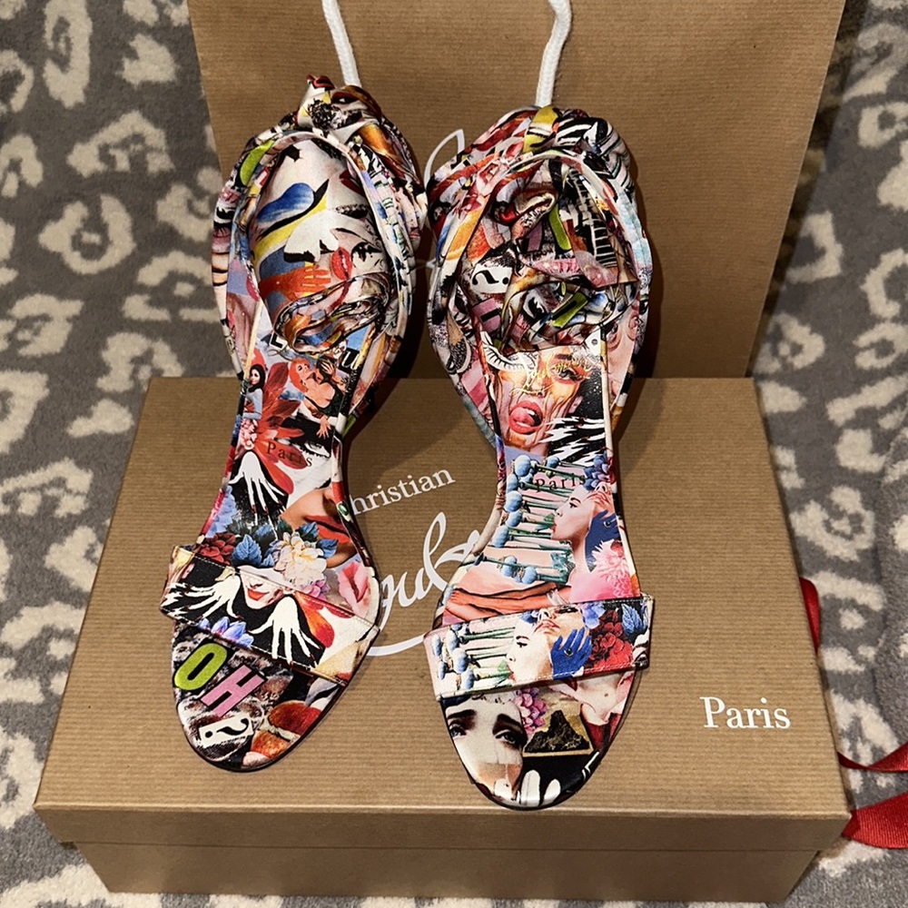 Authentic Christian Louboutin SANDALE DU DESERT Pop Art Ankle Tie Bow Heel Pump